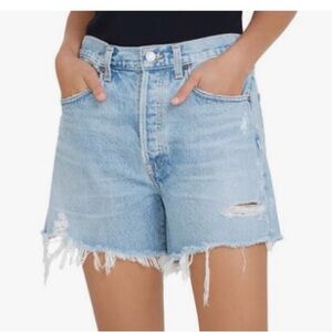 Agolde Blue High-Waisted Jean Shorts with Frayed Hem